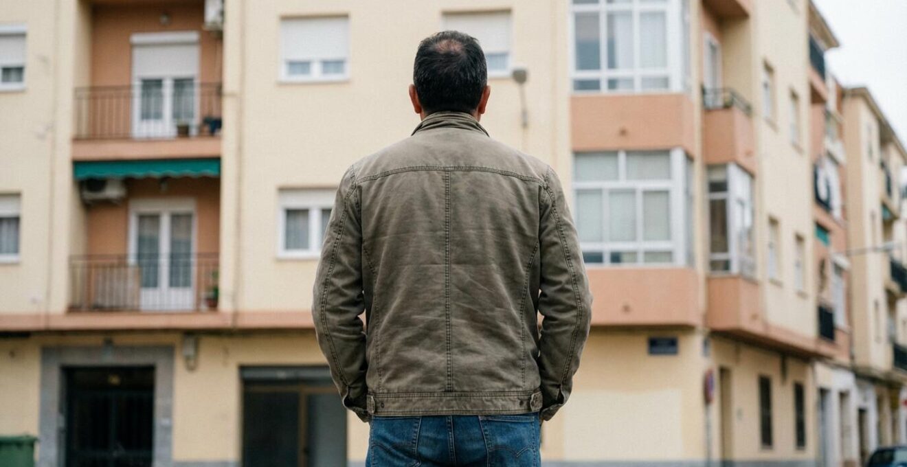 Propietario español reflexionando sobre el valor de su vivienda ante edificio residencial mediterráneo