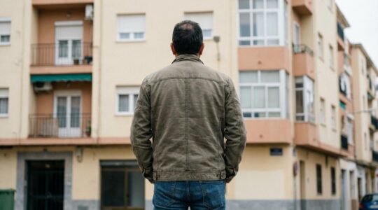 Propietario español reflexionando sobre el valor de su vivienda ante edificio residencial mediterráneo